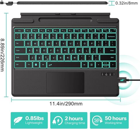 TECURS Bluetooth Keyboard for Surface Pro 7/7+/6/5/4/3 (12.3 inch), Wireless Bluetooth Connection 7-Colors Backlight Keyboard Type Cover, Touchpad, Sleep/Wake Function, Rechargeable Ultra-Thin Design in Saudi Arabia