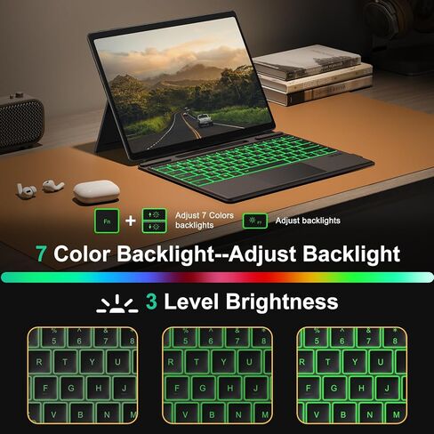 TECURS Bluetooth Keyboard for Surface Pro 7/7+/6/5/4/3 (12.3 inch), Wireless Bluetooth Connection 7-Colors Backlight Keyboard Type Cover, Touchpad, Sleep/Wake Function, Rechargeable Ultra-Thin Design in Saudi Arabia