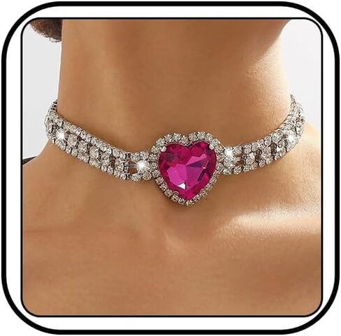 Aktully Rhinestone Heart Necklace for Women Crystal Heart Choker Necklace Silver Tennis Necklace Hot Pink Heart Necklace for Women Girls Birthday Party Prom Jewelry Accessories in Saudi Arabia