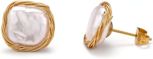 Cowlyn Pearl Stud Earrings Real Baroque Cultured 18K Gold Wrapped Silk Handmade Hypoallergenic Jewelry for Women 0.6" x0.6" in Saudi Arabia