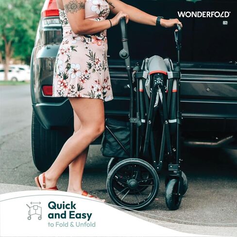 WONDERFOLD X2 Push & Pull Stroller Wagon (2 Seater) - Collapsible Wagon Stroller with 5-Point Seatbelt Harnesses, Push & Pull Handles & Removable Sun Canopy, Pitch Black in Saudi Arabia