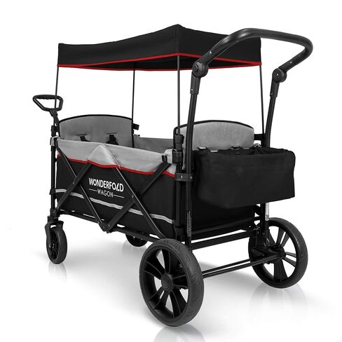 WONDERFOLD X2 Push & Pull Stroller Wagon (2 Seater) - Collapsible Wagon Stroller with 5-Point Seatbelt Harnesses, Push & Pull Handles & Removable Sun Canopy, Pitch Black in Saudi Arabia