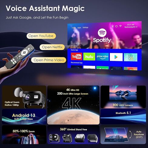 Mini Projector with WiFi and Bluetooth, Electric Focus & Vertical Keystone, 1080P HD 4K Support, Smart Projector with Built-in Streaming Apps, Portable Projector for Outdoor & Home Movie in Saudi Arabia