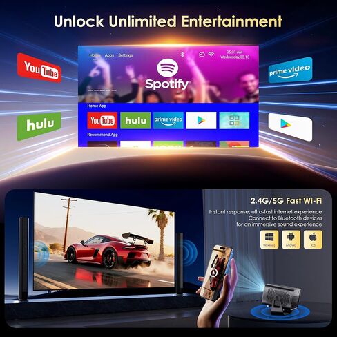 Mini Projector with WiFi and Bluetooth, Electric Focus & Vertical Keystone, 1080P HD 4K Support, Smart Projector with Built-in Streaming Apps, Portable Projector for Outdoor & Home Movie in Saudi Arabia