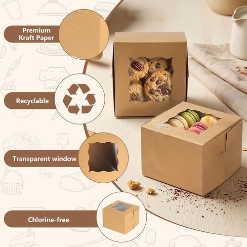 TAOUNOA 80 Pack Bakery Boxes with Window, Christmas Cookie Boxes 4x4x2.5 Inches Kraft Paper Mini Cake Boxes Holiday Cupcake Boxes for Gift Giving for Strawberries Cupcakes Pastry Dessert, Brown in Saudi Arabia