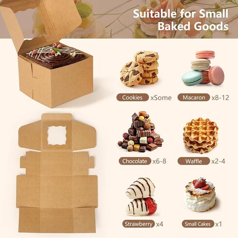 TAOUNOA 80 Pack Bakery Boxes with Window, Christmas Cookie Boxes 4x4x2.5 Inches Kraft Paper Mini Cake Boxes Holiday Cupcake Boxes for Gift Giving for Strawberries Cupcakes Pastry Dessert, Brown in Saudi Arabia