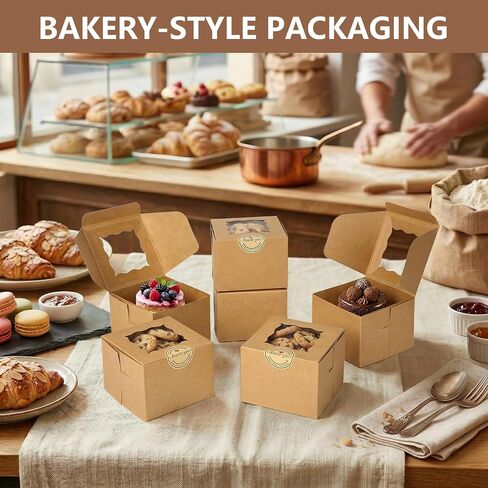 TAOUNOA 80 Pack Bakery Boxes with Window, Christmas Cookie Boxes 4x4x2.5 Inches Kraft Paper Mini Cake Boxes Holiday Cupcake Boxes for Gift Giving for Strawberries Cupcakes Pastry Dessert, Brown in Saudi Arabia
