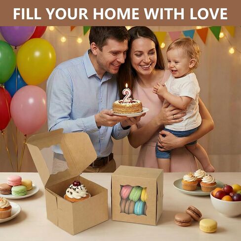 TAOUNOA 80 Pack Bakery Boxes with Window, Christmas Cookie Boxes 4x4x2.5 Inches Kraft Paper Mini Cake Boxes Holiday Cupcake Boxes for Gift Giving for Strawberries Cupcakes Pastry Dessert, Brown in Saudi Arabia