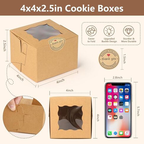 TAOUNOA 80 Pack Bakery Boxes with Window, Christmas Cookie Boxes 4x4x2.5 Inches Kraft Paper Mini Cake Boxes Holiday Cupcake Boxes for Gift Giving for Strawberries Cupcakes Pastry Dessert, Brown in Saudi Arabia