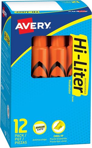 أقلام تحديد على شكل مكتب من AVERY Hi-Liter، حبر آمن للتلطيخ، طرف إزميل، 12 قلم تحديد برتقالي فلورسنت (24050) in Saudi Arabia