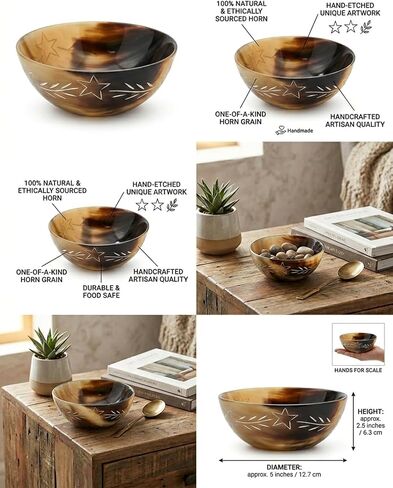 AYZCORP Hand Carved Natural Horn Bowl White Stars Carved Design Horn Bowl Viking Norse Medieval |HORN BOWL | Hand Crafted for SERVING & SHAVING BOWLS gift for mother, father Husband (STAR WITH VINES) in Saudi Arabia