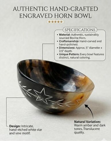 AYZCORP Hand Carved Natural Horn Bowl White Stars Carved Design Horn Bowl Viking Norse Medieval |HORN BOWL | Hand Crafted for SERVING & SHAVING BOWLS gift for mother, father Husband (STAR WITH VINES) in Saudi Arabia