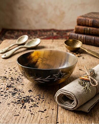AYZCORP Hand Carved Natural Horn Bowl White Stars Carved Design Horn Bowl Viking Norse Medieval |HORN BOWL | Hand Crafted for SERVING & SHAVING BOWLS gift for mother, father Husband (STAR WITH VINES) in Saudi Arabia