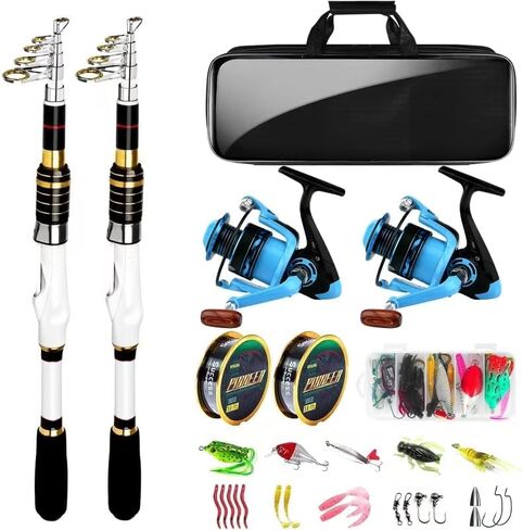 Telescopic Fishing Rod and Reel Combo, 2PACK Carbon Fiber Travel Rod, 2 Collapsible Spinning Reels, 2 100m Line, Carrier Bag and Carrier Bag Lures Kit for Adults Saltwater Freshwater in Saudi Arabia