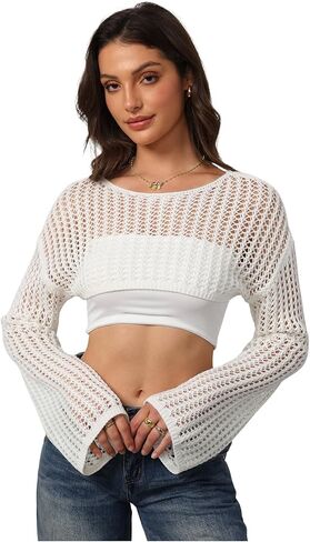 Verdusa Women's Hollow Out Knit Drop Shoulder Crop Sweater Pullover Top in Saudi Arabia