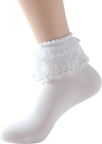 SRYL Women Ruffle Pearls Ankle Socks Lace Frilly Socks, Cute Cotton Socks Ladies Girl Princess Lace Socks in Saudi Arabia