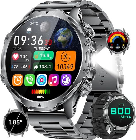 Military Smart Watch for Men, 1.85'' HD Large Screen Smartwatch, 800mAh/LED Flashlight/IP68 Waterproof/Pedometer/100+ Sports Fitness Tracker, Mens Smart Watches for Android iOS Compatible in Saudi Arabia