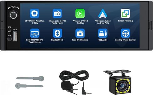 Eonon 6.36 "Stereo Single Din Car-Carplay و Android Auto ، IPS Touchscreen (1280 × 480) ، St TDA7851 أمبير ، كاميرا احتياطية ، التحكم في التوجيه ، بلوتوث 5.3-x3U in Kuwait