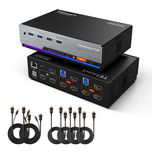 Tesmart HDMI KVM Switch 3 مراقبين 2 أجهزة الكمبيوتر 4K@60Hz ، USB 3.0 KVM Switch Triple Monitor 2 Ports HDMI ، Edid Edid ، 1G Ethernet ، Hotkey Switch ، Audio و Microphone للألعاب والمكتب المنزلي in Kuwait