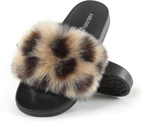 Women's Furry Slides Faux Fur Slides Fuzzy Slippers Fluffy Sandals Outdoor Indoor in Kuwait