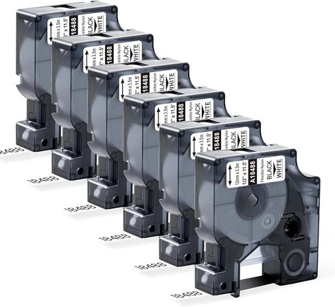 6 pack 18488 استبدال ل Dymo Rhino Industrial Nylon Label Tape A18488 العمل مع Dymo Rhino Pro 4200 5200 5000 6000 3000 صانع الملصقات ، 1/2 بوصة × 11.5 قدم (12 مم × 3.5 م) ، أسود على أبيض in Saudi Arabia