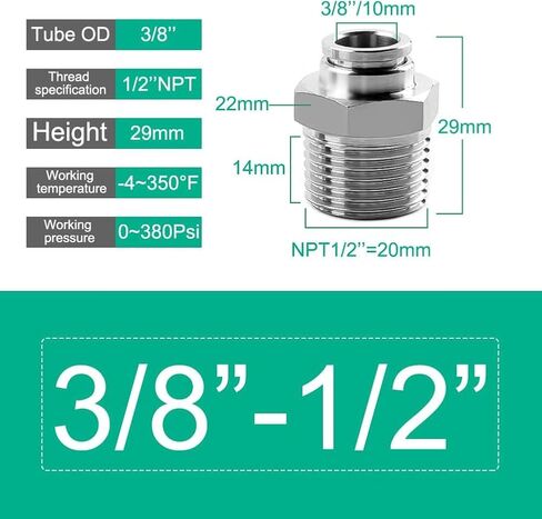 1Pack Pneumatic Stainless Steel Male Straight 1/2" Tube OD x 1/2" NPT Thread Push to Connect Air Fittings,Air Line Hose Fittings Kit Connector(1, 1/2''OD X 1/2''NPT) in Saudi Arabia