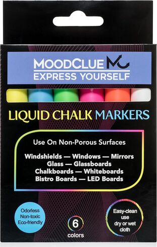 MoodClue Liquid chalk markers washable, erasable, dry or wet erase. 6 neon markers for whiteboards, glass boards, mirrors, chalkboards, windows, car windshields, glass. Non-toxic, reverse tip pens in Saudi Arabia