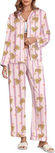 Brosloth Women's Silk Satin Pajamas Pjs Sets Cute Tiger Pattern Two Piece Loungewear Set Button Up Pajamas Sleepwear Black in Kuwait