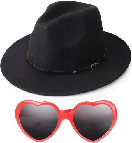 DRESHOW Women Classic Felt Fedora Wide Brim Floppy with Belt Buckle Panama Hat with Cute & Fashion Love Heart Shaped Sunglasses Oversized Eyeglasses Cat Eye Mod Style for Women in Saudi Arabia