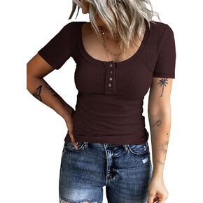 KINLONSAIR Women's Short Sleeve Tunics Tops Button Down Scoop Neck Ribbed Henley Shirts Summer Casual Solid T-Shirts in Kuwait