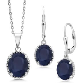 مجموعة مجوهرات من الفضة الإسترلينية عيار 925 من Gem Stone King من الياقوت الأزرق للنساء (8.90 قيراط، حجر ميلاد الأحجار الكريمة، بيضاوي 11 × 9 مم و9 × 7 مم، مع سلسلة فضية 18 بوصة) in Kuwait