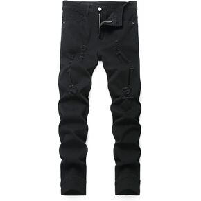QLGZFZ Men's Slim Fit Stretch Jean Blue Or Black Comfortable Soft Ripped Pants Demin in Kuwait