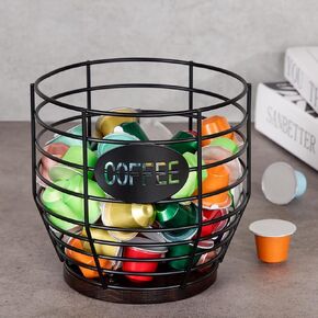 Yangbaga 2pcs Coffee Pod Holder,Large Capacity Black Wire K cup Holder with Wooden Base,Modern Coffee Basket Coffee Bar Decor for Coffee Station for espresso Pods & Capsules，Fruit Snack Storage in Saudi Arabia