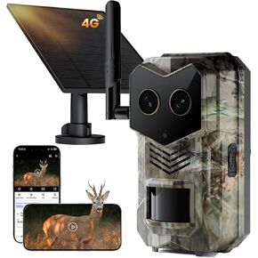 Solar 4G LTE Cellilar Trail Camera with eSIM Card, Dual Lens Game Cam with Starlight Full Color Night Vision, 0.2S Trigeer Time, Motion Detection, 940nm No-Light IR, IP 65 for Wildlife in Saudi Arabia