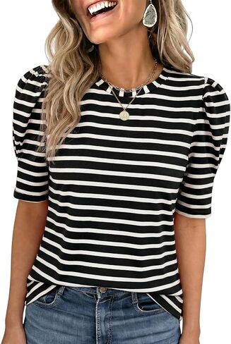 Dokotoo Women's Casual Short Puff Sleeve Crew Neck Striped T Shirts Summer Tops in Saudi Arabia