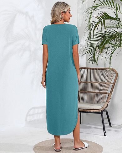 Riyiper 2 Pieces Women's Short Sleeve Maxi Dress Round Neck Casual Loose Split Long Summer Beach Shirt Dress with Pockets in Saudi Arabia