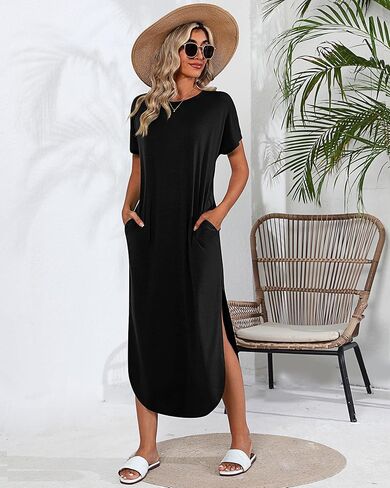 Riyiper 2 Pieces Women's Short Sleeve Maxi Dress Round Neck Casual Loose Split Long Summer Beach Shirt Dress with Pockets in Saudi Arabia
