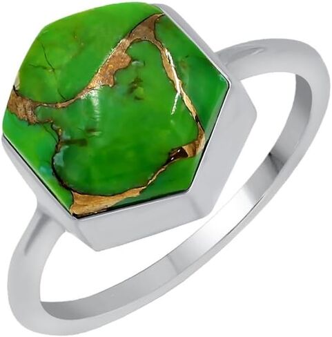 TISHAVI Natural Gemstone Rings For Women Sterling Silver, Solitaire Rings For Women Sterling Silver, 10mm Hexagon Stone Sterling Silver Rings For Women in Kuwait