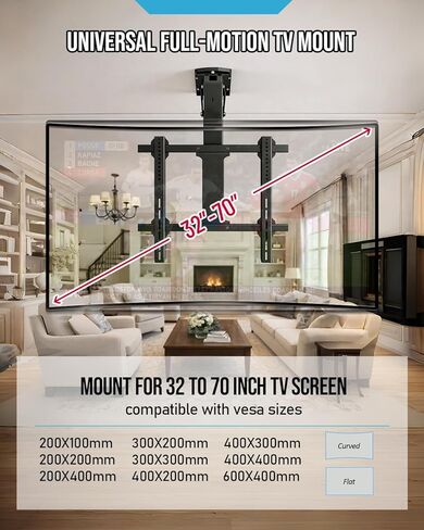Electric Ceiling TV Mount with Remote - Motorized Ceiling TV Mount for Flat and Pitched Roof，32 to 70 Inch Flat and Curved Screen TVs （White） in Saudi Arabia