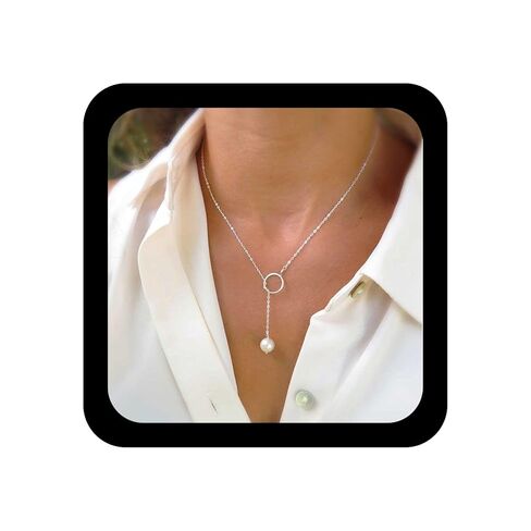 Yheakne Boho Pearl Circle قلادة فضية Y لؤلؤة قلادة الحد الأدنى Y Lariat قلادة سلسلة مجوهرات للنساء والفتيات في سن المراهقة (فضية) in Kuwait