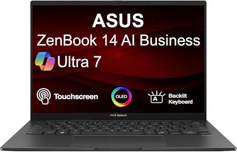 Asus Zenbook S 14 AI PC Laptop 14.0 "شاشة تعمل باللمس OLED 2.8K (Intel Ultra 7-258V ، 32GB LPDDR5X ، 1TB SSD ، Intel ARC ، Backlit KB ، 2 Thunderbolt 4 ، Wifi 7 ، Webcam ، Bluetooth 5.4 ، Win 11 Home) in Kuwait