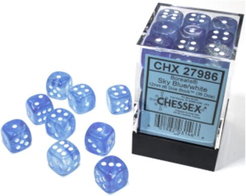 Chessex Borealis 12 مم d6 كتلة نرد لامعة باللون الأزرق السماوي/الأبيض (36 نرد) (27986) in Kuwait
