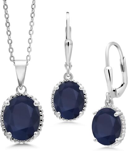 مجموعة مجوهرات من الفضة الإسترلينية عيار 925 من Gem Stone King من الياقوت الأزرق للنساء (8.90 قيراط، حجر ميلاد الأحجار الكريمة، بيضاوي 11 × 9 مم و9 × 7 مم، مع سلسلة فضية 18 بوصة) in Kuwait