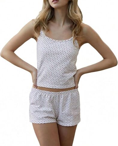 RUEWEY Women's Pajamas Shorts Set Spaghetti Strap Crop Top and Shorts Pjs Sleepwear Sets in Kuwait