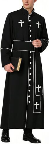 Men's Priest Costume Pastor Robe Roman Cassock With Stand Collar and Belt (Black, Large) in Saudi Arabia