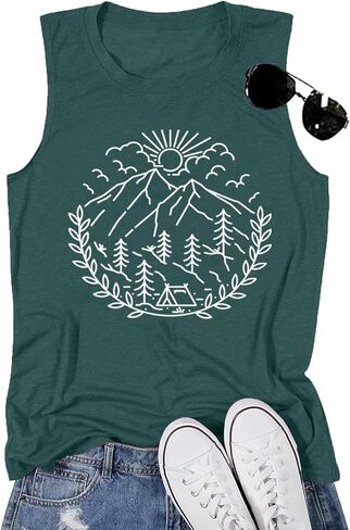 Women Hiking Camping Outdoor Tank Top Summer Mountain Nature Funny Graphic Print Round Neck Workout Athletic Sleeveless Tops in Kuwait