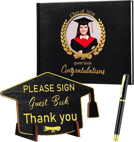 Pasimy Leather Graduation Guest Book with Grad Stand and Signature Pen Guest Sign in Book 2024 Grad Memory Registry Guest Book for College High School Graduation Party Gifts Supplies(Black Gold) in Saudi Arabia
