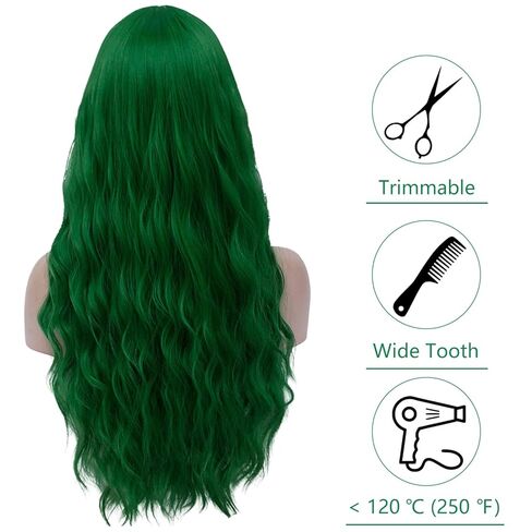 Green Wigs for Women 26'' Long Green Wig with Bangs Curly Wavy Cute Synthetic Soft Hair Wigs for St Patrick's Party AD002GR in Saudi Arabia