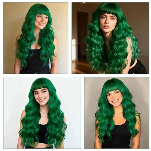 Green Wigs for Women 26'' Long Green Wig with Bangs Curly Wavy Cute Synthetic Soft Hair Wigs for St Patrick's Party AD002GR in Saudi Arabia