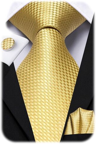 Dubulle Mens Gold Checks Tie Pocket Square Set Necktie for Men Handkerchief Cufflinks in Saudi Arabia